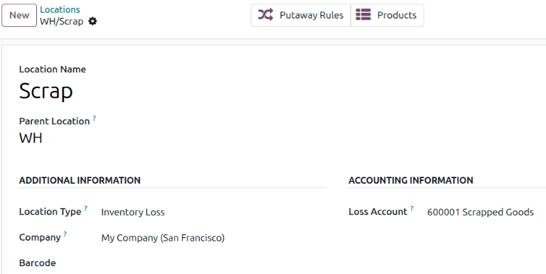 Specify an Inventory Loss Location Type and a Loss Account.