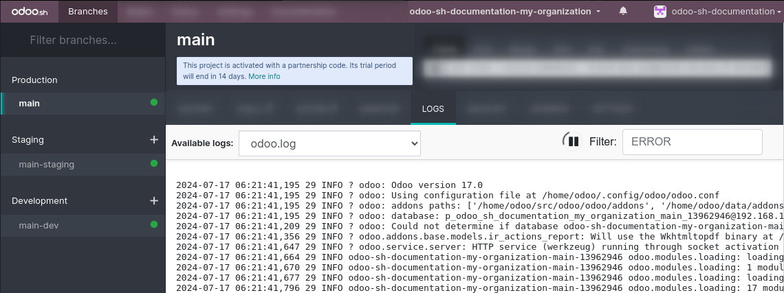 The branches log tab