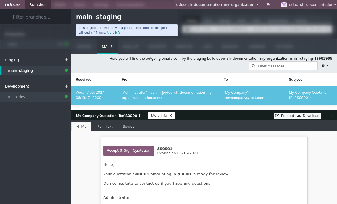 The branches' mails tab