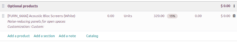 An optional products section with the quantity and corresponding amount set to 0.