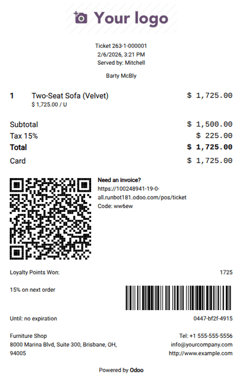 Example of a POS receipt in Odoo.