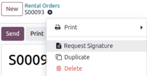 The Request Signature option in the Odoo Rental application.