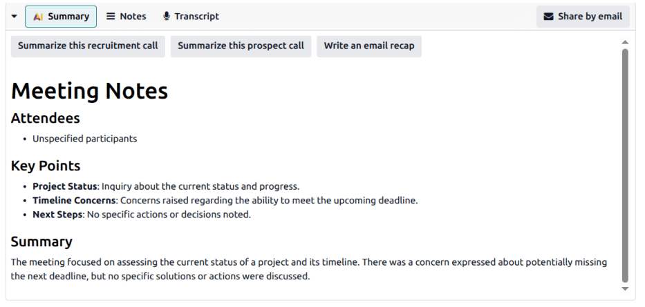 The AI summary of a meeting transctipt.