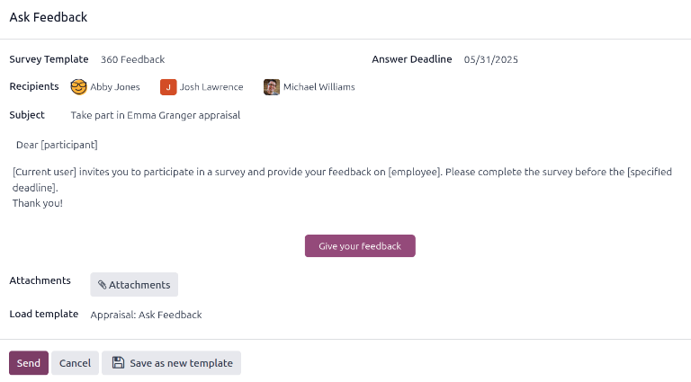 Das E-Mail-Pop-up, wenn Sie um Feedback von anderen Mitarbeitern bitten.