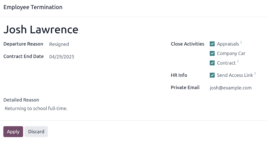 Das Formular „Beendigung des Arbeitsverhältnisses“ mit allen ausgefüllten Feldern.