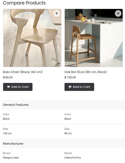 Comparison summary page with attribute categories.