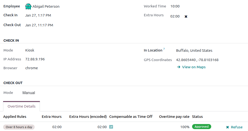 An attendance record with 2 ours of overtime converted to time off.