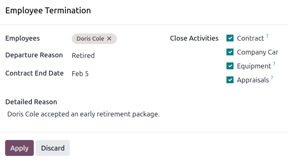 The employee termination form with all fields filled out.