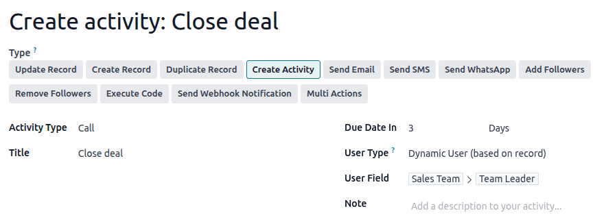 Esempio di un'azione Crea attività