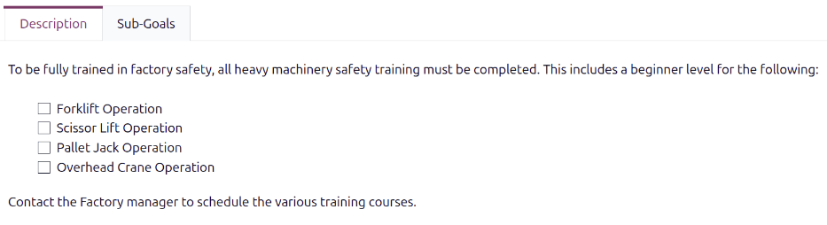 The factory safety course with a list of the steps, and a contact for scheduling.