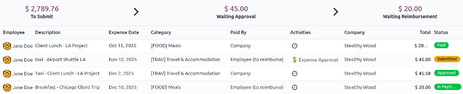 The top banner above the My Expenses dashboard with all the various totals by status.\