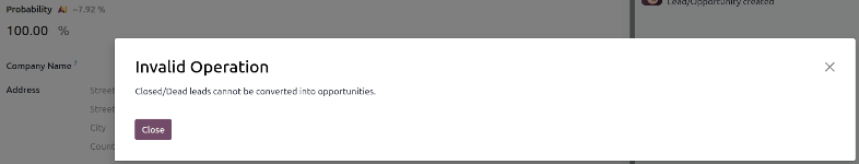 The error message that appears when attempting to convert a 100% probability lead into an opportunity.