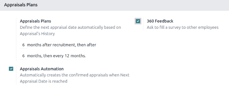 The appraisals sections with the timeline filled in and 360 feedback enabled.