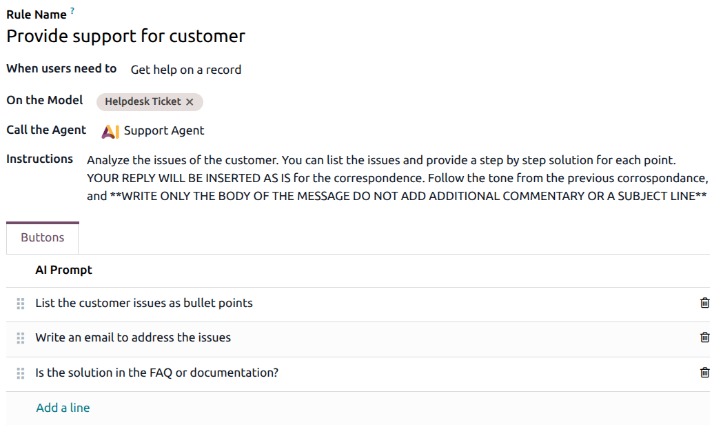 A list of default prompts assigned to the Support Agent.