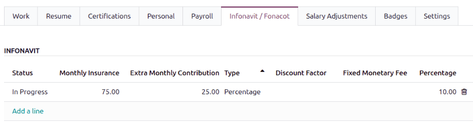 The INFONAVIT section filled out for an employee.