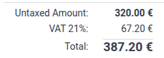 Odoo automatically computes a tax amount for the 21% tax.