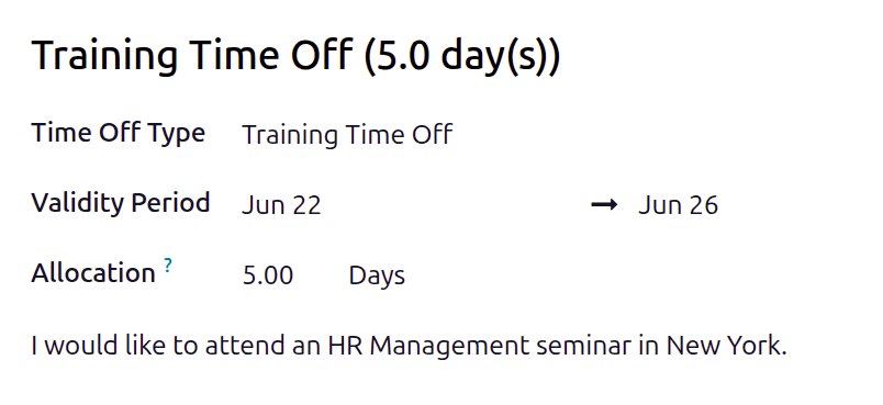 Een toewijzingsaanvraagformulier ingevuld voor een werknemer die een extra week aanvraagt voor training.
