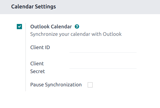 De "Outlook Agenda" instelling geactiveerd in Odoo.