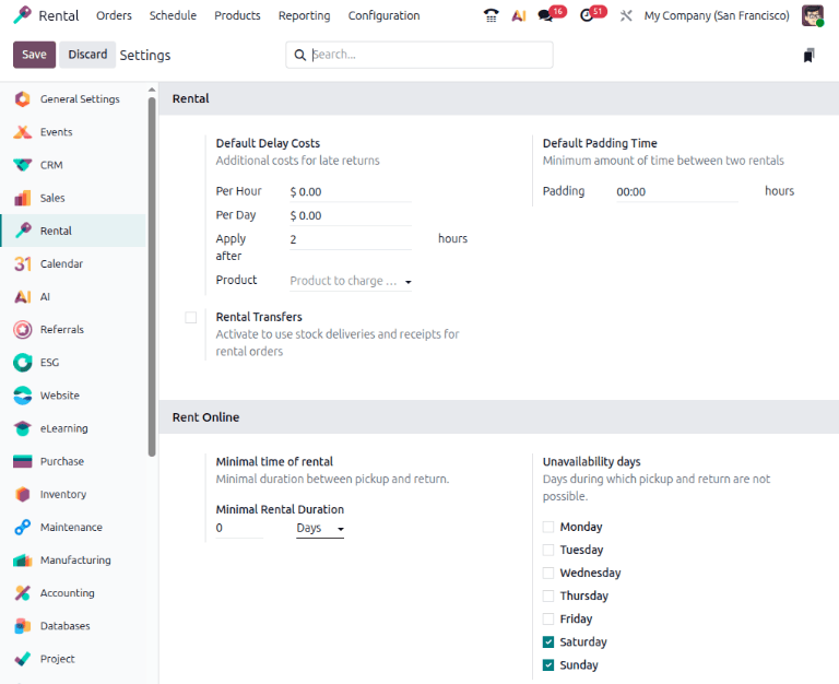 Hoe de Instellingen pagina verschijnt in de Odoo Verhuur applicatie.