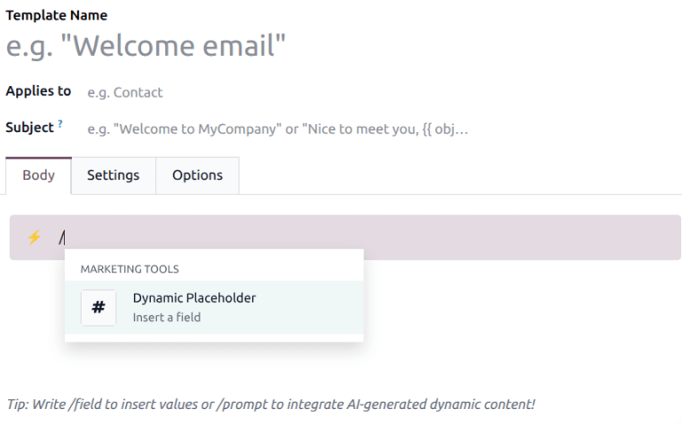 An email template with an AI prompt.