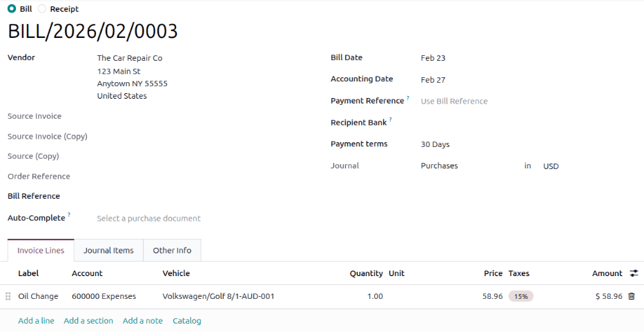 A vendor bill with the vehicle selected on it.