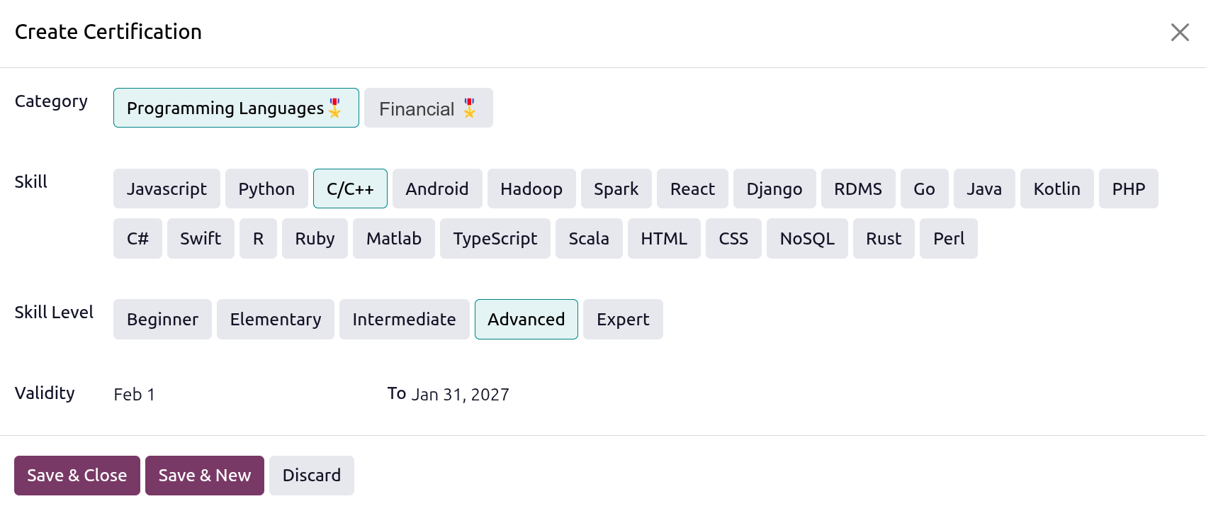 A lista de certificações de funcionários.