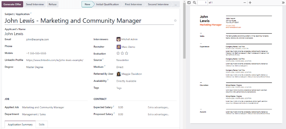 CV-ul pe fișa candidatului, afișat în partea dreaptă.