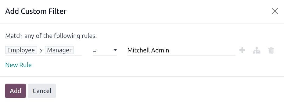 Ett anpassat filter för att endast visa användarens anställda.