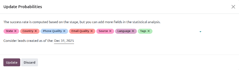 Fönstret Uppdatera sannolikheter i inställningarna för Predictive Lead Scoring.