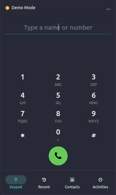The **Phone** widget has four tabs: **Keypad**, **Recent**, **Contacts**, and **Activities**.