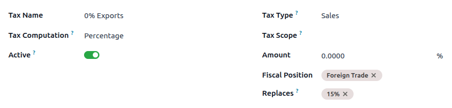 The **0% Exports** tax record