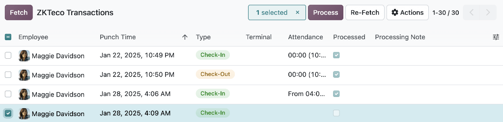 The BioTime check-in with an error for January 28th.