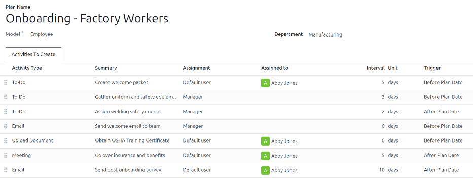An onboarding plan configured for factory workers.