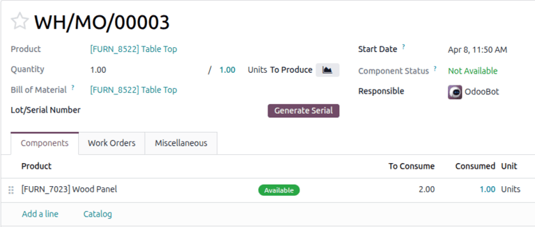 MO Components tab with the quantity of components consumed.