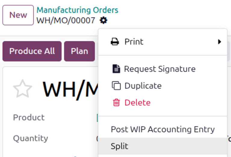 The Actions menu on a manufacturing order.