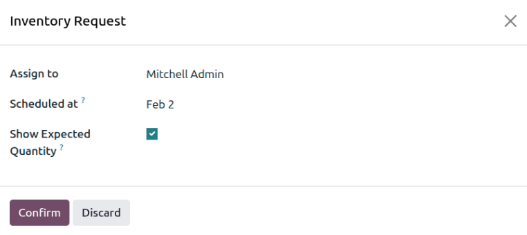 An inventory request with the Show Expected Quantity check box selected.
