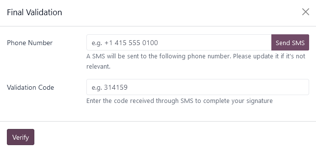 Pop-up where signer enters phone number and one-time code