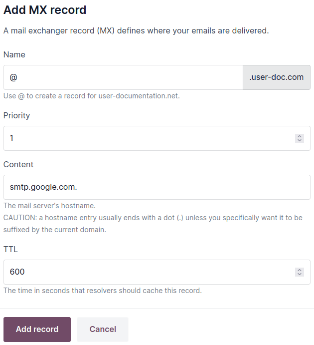 Creating an MX record to redirect emails to Gmail