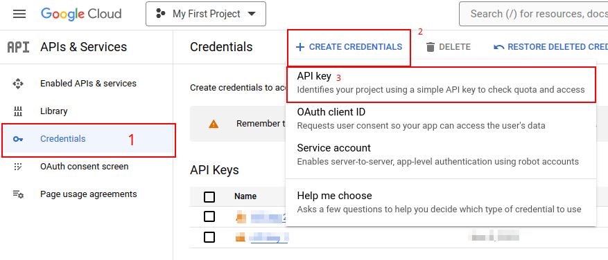 أنشئ مفتاح API في وحدة تحكم Google API.