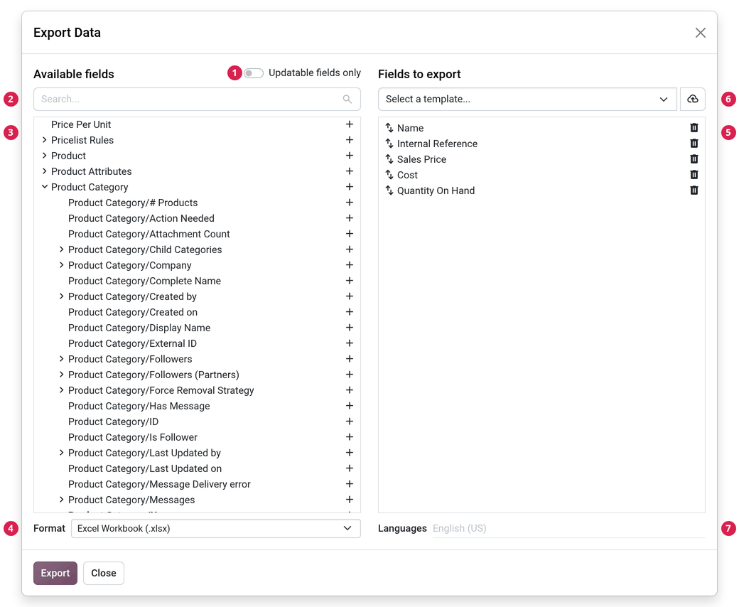 Gambaran umum opsi yang bisa dipertimbangkan saat mengekspor data di Odoo.