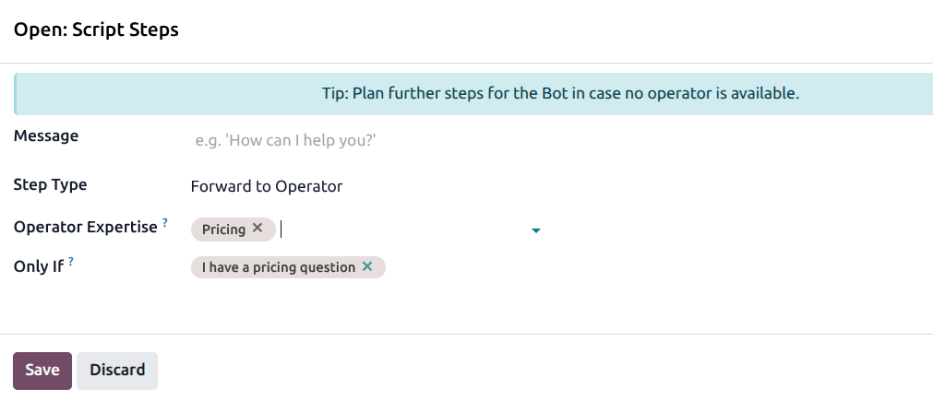 Pop-up langkah skrip teruskan ke operator.