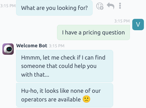 Vista dei messaggi di follow-up del chatbot quando nessun operatore livechat è disponibile.