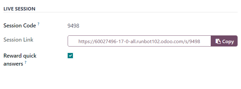 La sezione Sessione live della scheda Opzioni in un modulo sondaggio in Odoo Sondaggi.
