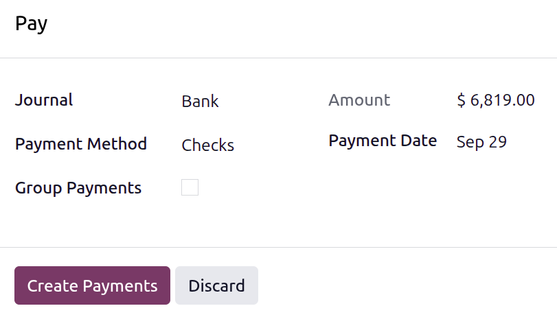 The various information configured on the Pay pop-up window.
