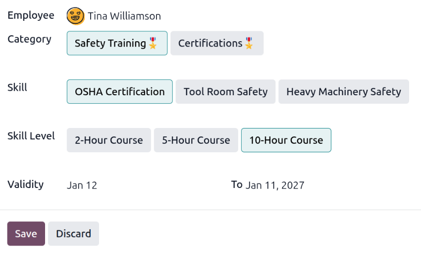 Een certificeringsformulier ingevuld voor een OSHA-veiligheidscursus van 10 uur.