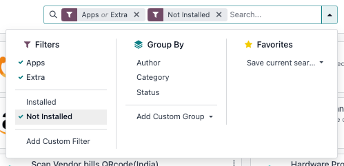De filter 'Extra' toevoegen in Odoo Apps.