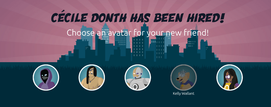 Het aannamescherm. Er wordt een selectie van avatars gepresenteerd om uit te kiezen, waarbij reeds gekozen avatars uitgegrijsd zijn.
