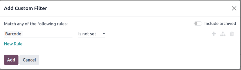 Pop-up 'Aangepast filter toevoegen' met 'Barcode niet is ingesteld' geconfigureerd.