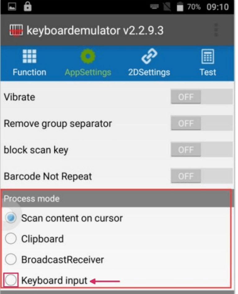 Process mode-gedeelte op de AppSettings-pagina van de MUNBYN-scanner.