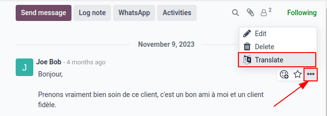 Google Translate aanwezig in de chatter van een Odoo database.